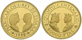 JUAN CARLOS I (1975-2014). 80.000 Pesetas. (Au. 27,00g/38mm). Serie I. Quinto Centenario. 1989. FNMT. PROOF. Tirada de 13 mil unidades. Incluye estuch...