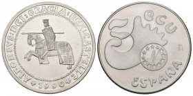 JUAN CARLOS I (1975-2014). 5 Ecu. (Ar. 33,62g/42mm). Alfonso X El Sabio. 1990. FNMT. Flor de cuño. 50.000 acuñaciones. Incluye estuche oficial y certi...