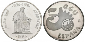 JUAN CARLOS I (1975-2014). 5 Ecu. (Ar. 33,62g/42mm). Averroes. 1991. FNMT. Flor de cuño. 50.000 acuñaciones. Incluye estuche oficial y certificado de ...