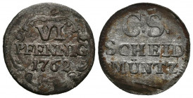 ALEMANIA (Estados Alemanes). VI Pfennig. (Ve. 0,83g/17mm). 1762. Friedrich August II. Electorado de Sajonia. (Km#995). MBC.