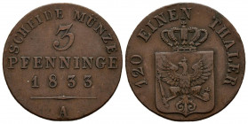 ALEMANIA (Prusia). 3 Pfennig. (Ae. 4,50g/24mm). 1833. Friedrich Wilhelm III. Berlín A. (Km#407). MBC+.