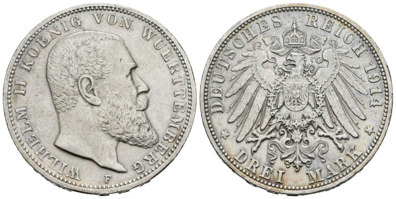 ALEMANIA. 3 Mark (Ar. 16,68g/33mm). 1914. Imperio Alemán. Württemberg. F. (Km#63...