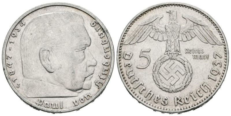 ALEMANIA. 5 Mark (Ar. 14,00g/29mm). 1937. III Reich. Hamburgo. J. (Km#94). MBC+....