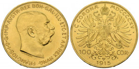 AUSTRIA. 100 Coronas (Au. 33,85g/37mm). 1915. Francisco José I. Reacuñación Oficial. (Km#2819). SC-.