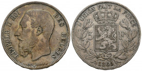 BÉLGICA. 5 Francs (Ar. 24,74g/37mm). 1865. Leopoldo II. (Km#24). MBC. Bonita pátina en anverso. Escasa.