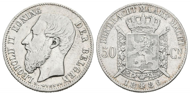 BÉLGICA. 50 Centimes (Ar. 2,42g/18mm). 1886. Leopoldo II. (Km#26). MBC.