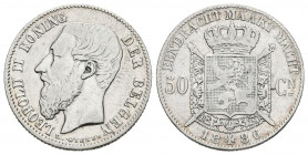 BÉLGICA. 50 Centimes (Ar. 2,42g/18mm). 1886. Leopoldo II. (Km#26). MBC.