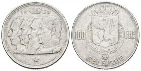 BÉLGICA. 100 Francs (Ar. 18.13g/33mm). 1950. Belgique en francés.(Km#138.1). MBC+.