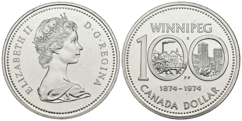CANADÁ. 1 Dollar (Ar. 22,98g/36mm). 1974. 100 aniversario de Winnipeg. (Km#88.a)...