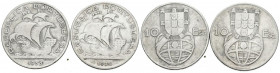 PORTUGAL. Conjunto de 2 monedas de 10 Escudos de plata de los años 1954 y 1955. Diferentes estados de conservación. A EXAMINAR.