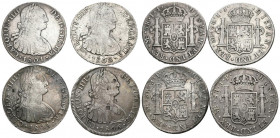 MONARQUÍA ESPAÑOLA. Conjunto formado por 4 monedas de 8 Reales de Carlos IV de la ceca de Lima. Fechas diferentes: 1801, 1802, 1804 y 1806. Incluye pi...