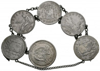 CENTENARIO DE LA PESETA. Pulsera de plata formada por 6 monedas (5 de ellas del módulo de 2 Pesetas de 1870 y 1882 y 1 de 25 Centésimos de Balboa de P...