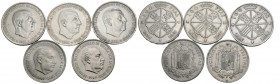 ESTADO ESPAÑOL. Interesante conjunto formado por 5 monedas, 3 de ellas de 100 Pesetas en plata de 1966 (*66, 67, 68) y 2 piezas de 5 Pesetas de 1949 (...
