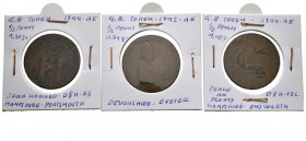 GRAN BRETAÑA. Conjunto de 3 piezas de 1/2 Penny Token en cobre de los años 1792 y 1794. Diferentes estados de conservación. A EXAMINAR.