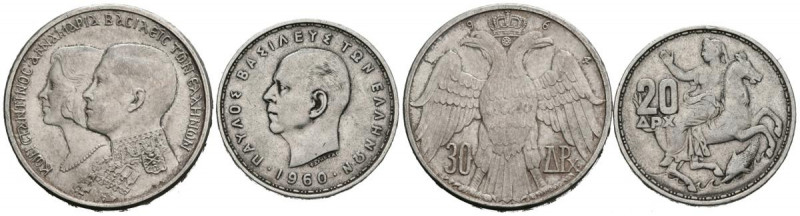 GRECIA. Interesante pareja de valores de 20 y 30 Dracmas en plata de los años 19...