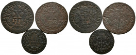 PORTUGAL. Interesante conjunto de 3 cobres acuñados bajo el reinado de Jose I (1750-1777). Diferentes valores (III y X Reais) así como estados de cons...