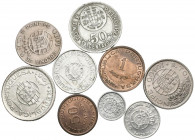 MONEDAS EXTRANJERAS. Conjunto de 9 monedas del periodo colonial portugués de Santo Tomé y Príncipe. Diferentes módulos, fechas y materiales así como e...