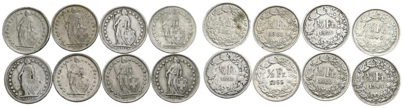 SUIZA. Conjunto de 8 monedas de 1/2 Franco de plata de fechas comprendidas entre...
