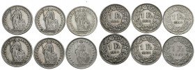 SUIZA. Conjunto de 6 monedas de 1 Franco de plata de fechas comprendidas entre 1914 y 1963. Ninguna pieza repetida. Diferentes estados de conservación...