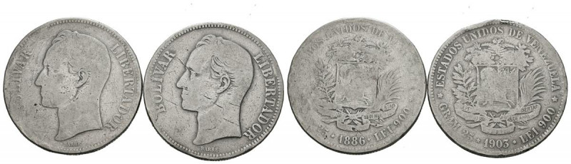VENEZUELA. Conjunto formado por 2 monedas de 5 Bolívares de 1886 y 1903 acuñados...
