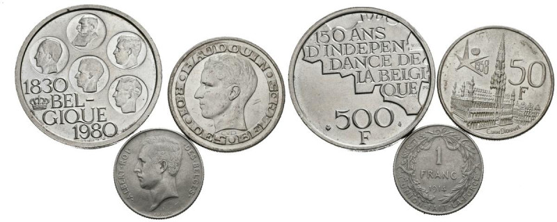MONEDAS EXTRANJERAS. Conjunto formado por 3 monedas de plata de Bélgica de diver...