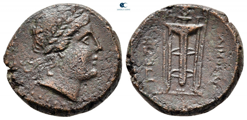 Bruttium. Petelia after circa 220 BC. 
Bronze Æ

18 mm, 5,44 g

Laureate he...