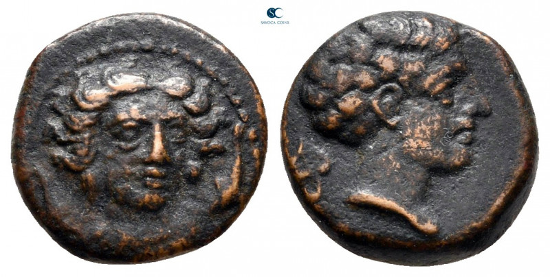 Sicily. Motya circa 415-397 BC. 
Hexas Æ

12 mm, 1,77 g

Head of nymph faci...