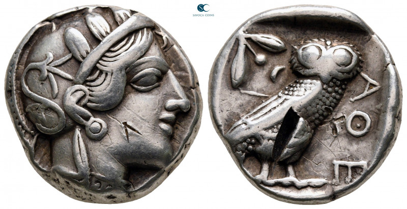 Attica. Athens circa 454-404 BC. 
Tetradrachm AR

25 mm, 17,10 g

Head of A...