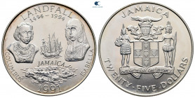 Jamaica.  AD 1969-2021. 25 Dollars 1991
