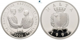 Malta.  AD 1972-2007. 5 Lira 1995