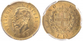 Regno d'Italia - Vittorio Emanuele II (1861-1878) 10 Lire 1863 Torino - Asse Ruotato 10° - RR MOLTO RARA - Au - SLAB PCGS MS63

MS63

Note: Shippi...