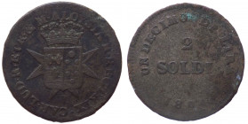 Firenze - Regno d'Etruria - Carlo Lodovico di Borbone (1803-1807), con Maria Luisa - decimo di lira o 2 soldi - 1804 - MIR 429 - Cu - R

BB

Note:...