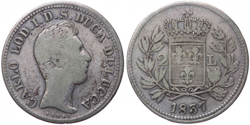 Lucca e Piombino - Carlo Ludovico (1824-1847) - 2 lire - 1837 - MIR 258 - Ag

...