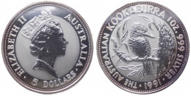 Australia - Elisabetta II (dal 1952) 5 Dollari 1991 (1 Oncia) "Kookaburra" - Ag - In capsula

FDC

Note: Worldwide shipping