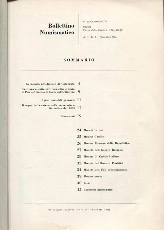 ZIMATORE E. - La moneta obsidionale di Catanzaro. Firenze, 1965. Pp. 4 - 8, ill....