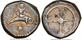 CALABRIA. Tarentum. Ca. 480-450 BC. AR didrachm (18mm, 7.84 gm). NGC Choice VF 4/5 - 3/5. TAPAΣ (retrograde), Taras astride dolphin right, left hand o...