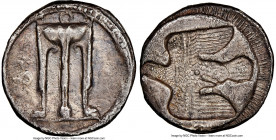 BRUTTIUM. Croton. Ca. 480-430 BC. AR stater or nomos (21mm, 7.20 gm, 2h). NGC XF 5/5 - 2/5. ϘPO (retrograde), ornamented sacrificial tripod, legs term...