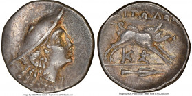 AETOLIAN LEAGUE. Ca. 250-145 BC. AR triobol (16mm, 2.43 gm, 9h). NGC XF 5/5 - 4/5. Head of Atalanta to right, wearing petasus / ΑΙΤΩΛΩΝ, Calydonian bo...