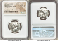 ATTICA. Athens. Ca. 440-404 BC. AR tetradrachm (24mm, 17.18 gm, 3h). NGC AU 4/5 - 3/5. Mid-mass coinage issue. Head of Athena right, wearing earring, ...