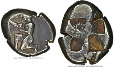 MYSIA. Cyzicus. Ca. 500-450 BC. EL sixth stater or hecte (11mm, 2.71 gm). NGC Choice VF 3/5 - 4/5. Nude youth kneeling left, holding tunny fish by tai...