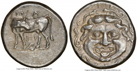 MYSIA. Parium. Ca. 4th century BC. AR hemidrachm (13mm, 9h). NGC AU. Head of Gorgoneion facing, tongue protruding below upper row of teeth, coiled sna...