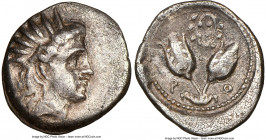 CARIAN ISLANDS. Rhodes. Ca. 300-250 BC. AR diobol (11mm, 12h). NGC XF. Radiate head of Helios right / P-O, two rose buds; shield above, all within inc...