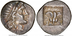 CARIAN ISLANDS. Rhodes. Ca. 150-125 BC. AR drachm (16mm, 3.67 gm, 12h). NGC Choice XF 5/5 - 5/5. Plinthophoric standard, Artemon, magistrate. Radiate ...