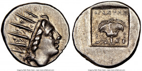 CARIAN ISLANDS. Rhodes. Ca. 88-84 BC. AR drachm (15mm, 1h). NGC AU. Plinthophoric standard, Thrasymedes, magistrate. Radiate head of Helios right / ΘP...
