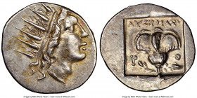 CARIAN ISLANDS. Rhodes. Ca. 88-84 BC. AR drachm (17mm, 10h). NGC AU. Plinthophoric standard, Lysimachus, magistrate. Radiate head of Helios right / ΛY...