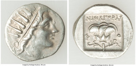 CARIAN ISLANDS. Rhodes. Ca. 88-84 BC. AR drachm (16mm, 1.99 gm, 12h). XF. Plinthophoric standard, Nicagoras, magistrate. Radiate head of Helios right ...