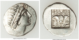 CARIAN ISLANDS. Rhodes. Ca. 88-84 BC. AR drachm (16mm, 2.70 gm, 12h). Choice XF. Plinthophoric standard, Philon, magistrate. Radiate head of Helios ri...