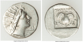 CARIAN ISLANDS. Rhodes. Ca. 88-84 BC. AR drachm (15mm, 2.28 gm, 11h). VF, die shift. Plinthophoric standard, Thrasymedes, magistrate. Radiate head of ...