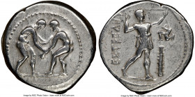 PAMPHYLIA. Aspendus. Ca. 325-250 BC. AR stater (24mm, 12h). NGC VF. Two wrestlers grappling / ΕΣΤFΕΔIΙΥ, slinger standing right, placing bullet in sli...