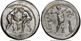 PISIDIA. Selge. Ca. 325-250 BC. AR stater (24mm, 10.37 gm, 12h). NGC AU 5/5 - 3/5, brushed. Two wrestlers grappling; KY between / ΣΕΛΓΕΩΝ, slinger aim...